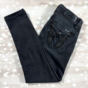 Miss Me Black Embellished Women's Jeans Signature Stretch Skinny Angel Wings W26